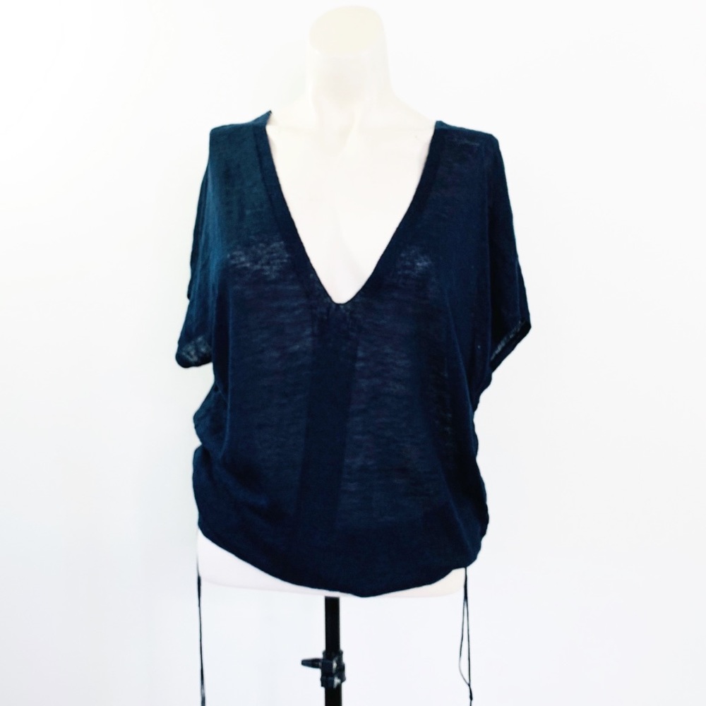 Theory Thin Knit Side Ruched Navy Linen Top Sz Med